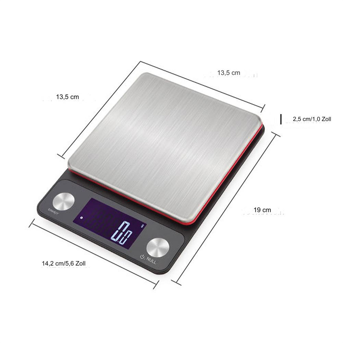 Digitale Waage mit Abmessungen. 19 cm lang, 13,5 cm breit und 2,5 cm dick.