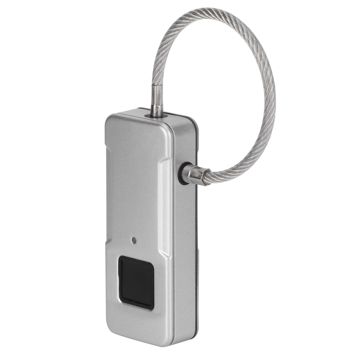 Silbernes Vorhängeschloss mit Kabel, Fingerabdruckscanner vorne.