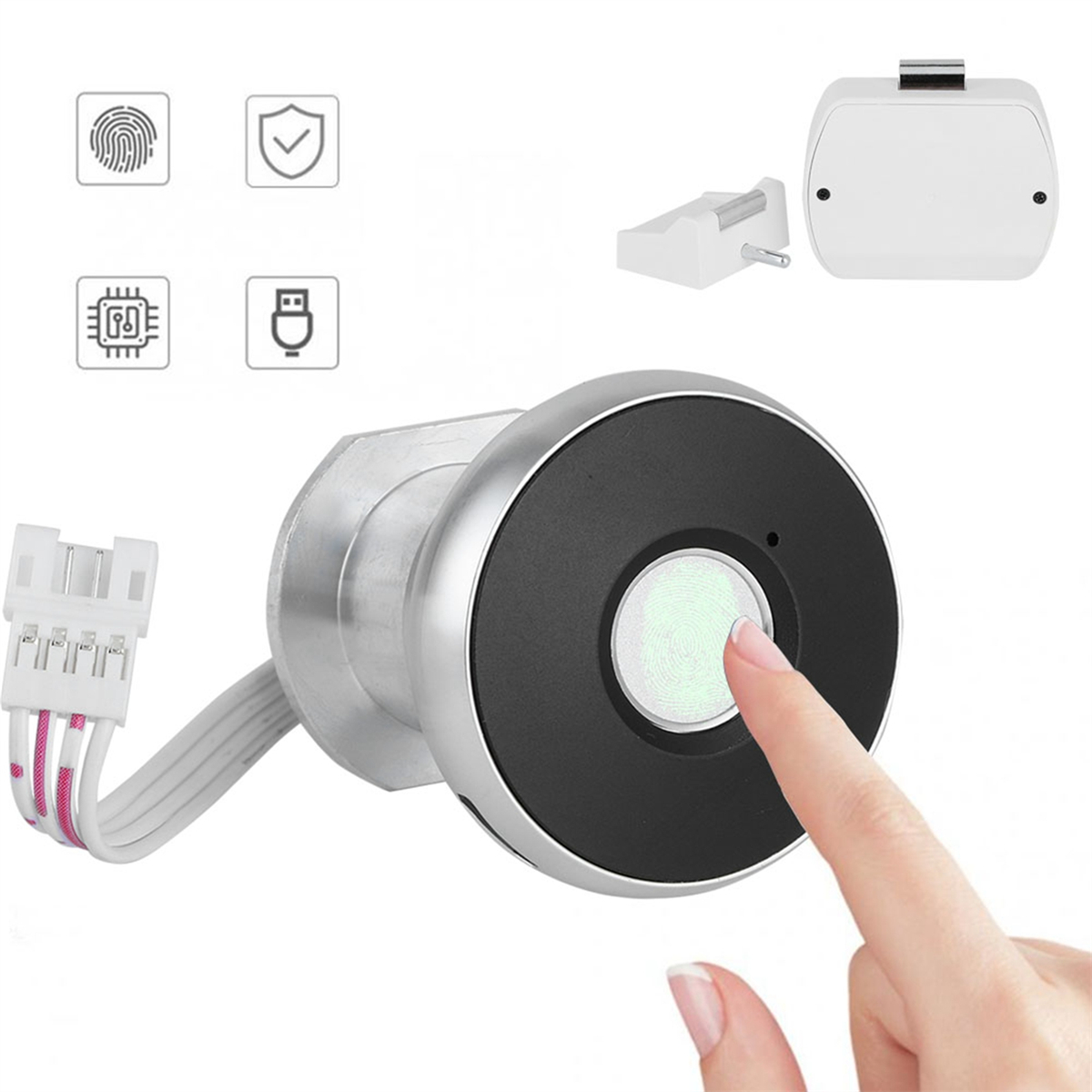 Fingerabdrucksensor mit einem Finger, der ihn berührt. Mehrere Symbole für Sicherheit und Technologie sind vorhanden.