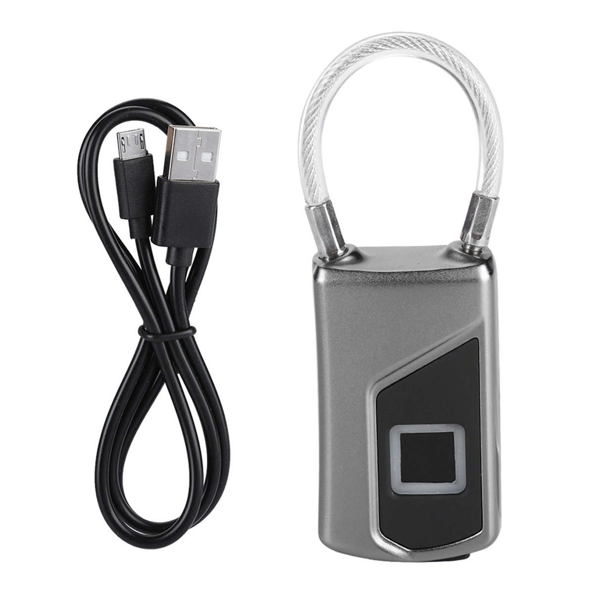 Ein schwarzes USB-Kabel und ein silbernes Fingerabdruck-Vorhängeschloss mit einem durchsichtigen Kabel.