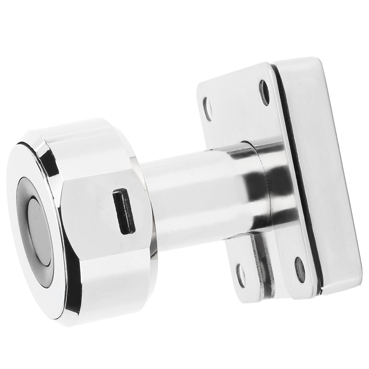 Silbernes, zylindrisches Smart Lock. Runder, eingelassener Sensor auf der Vorderseite. Quadratische Montageplatte.