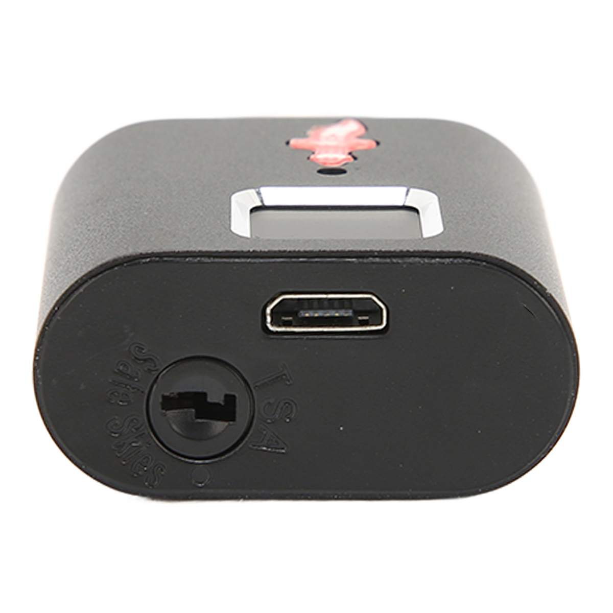 Schwarzes Gerät mit USB-Anschluss, Sicherheitsschloss und kleinem Bildschirm. Rotes Kreuzsymbol oben.