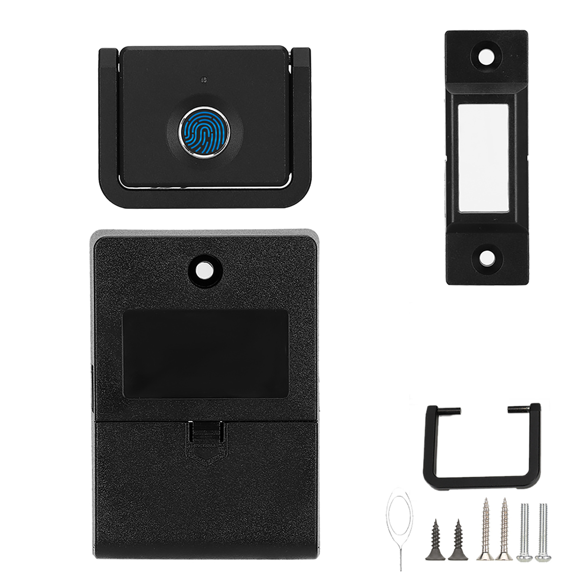 Schwarze Sicherheitskomponenten auf weißem Grund angeordnet. Enthält einen Fingerabdrucksensor.