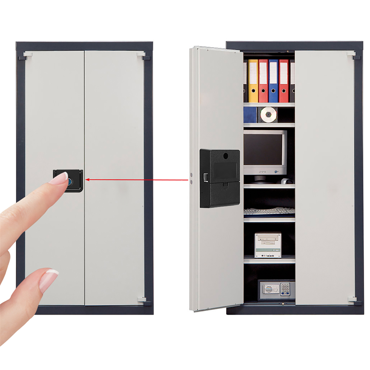 Geschlossener Stahlschrank mit Finger, der ein digitales Schloss berührt. Der Schrank ist offen.