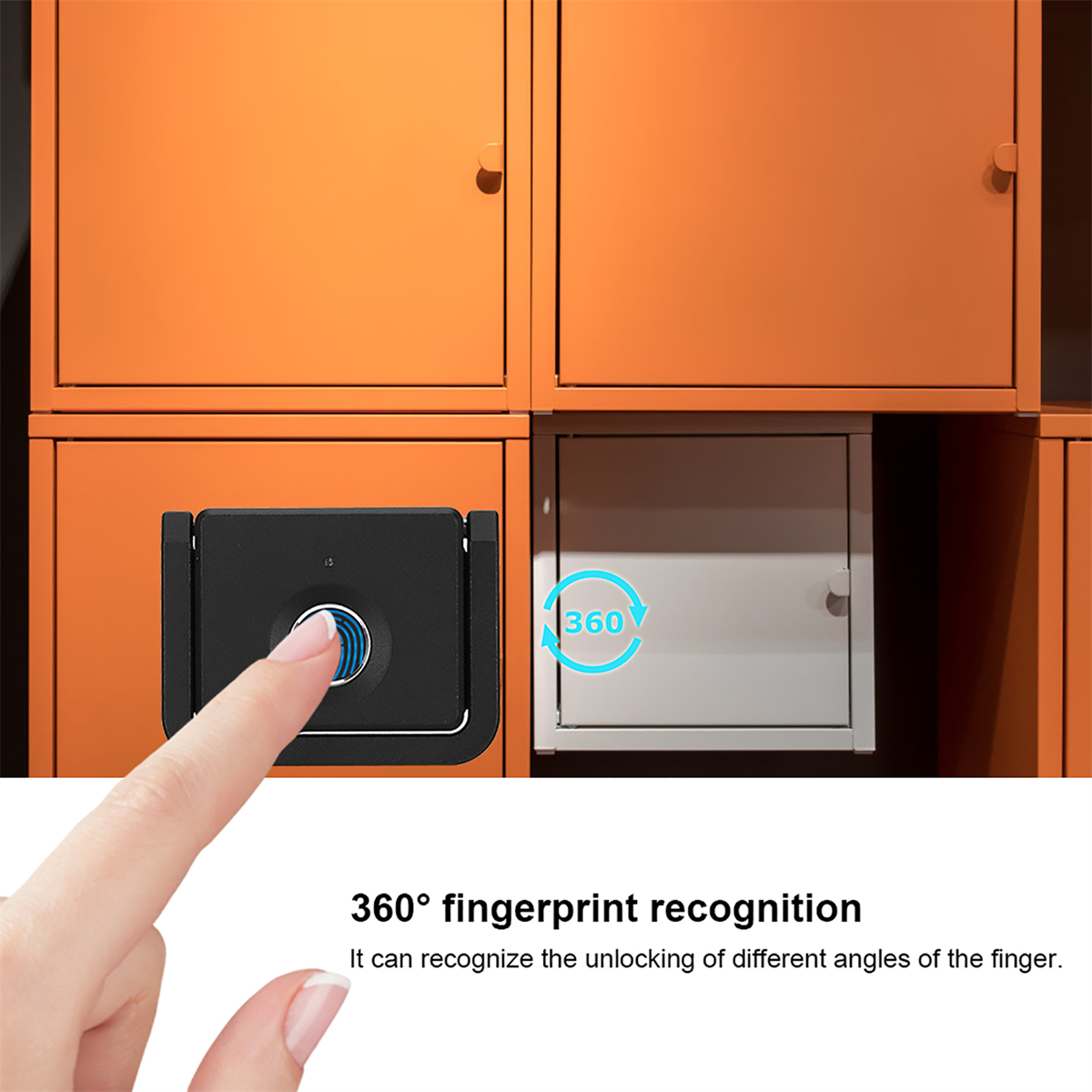 Finger entsperrt schwarzen Fingerabdruck-Schrank, umgeben von orangefarbenen Schränken, 360°-Symbol.