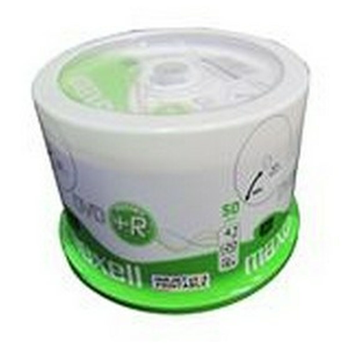 CD-R-Disc-Pack, weiß und grün. Aufschrift 'maxell +R'. Grüner Sockel, weißer Hintergrund.