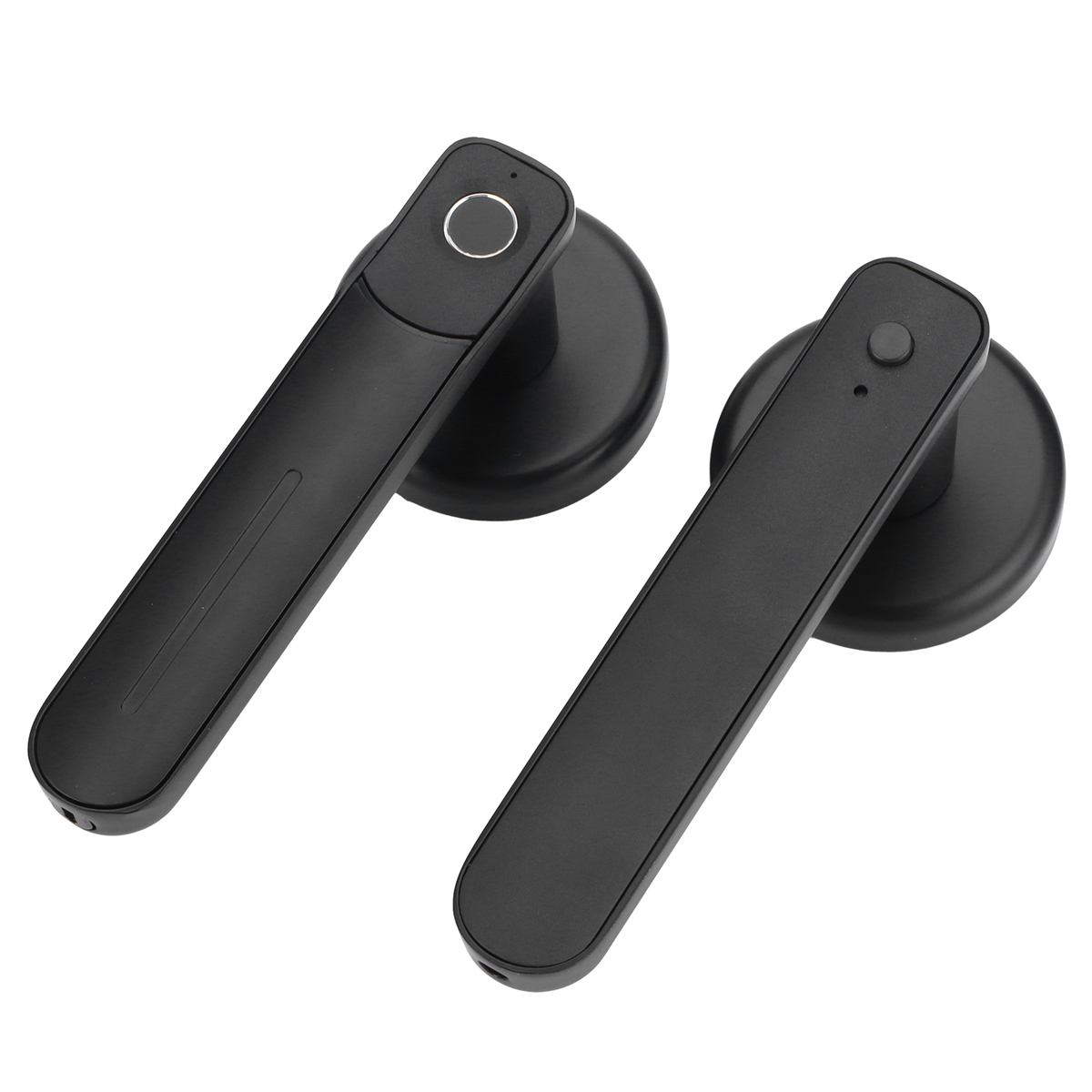 Zwei schwarze Türgriffe mit Fingerabdrucksensor. Sie sind auf weißem Hintergrund.