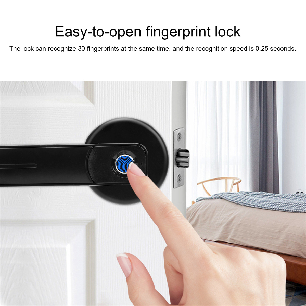 Schwarzer Türgriff mit Fingerabdrucksensor, mit Finger, der den Sensor an einer weißen Tür berührt.