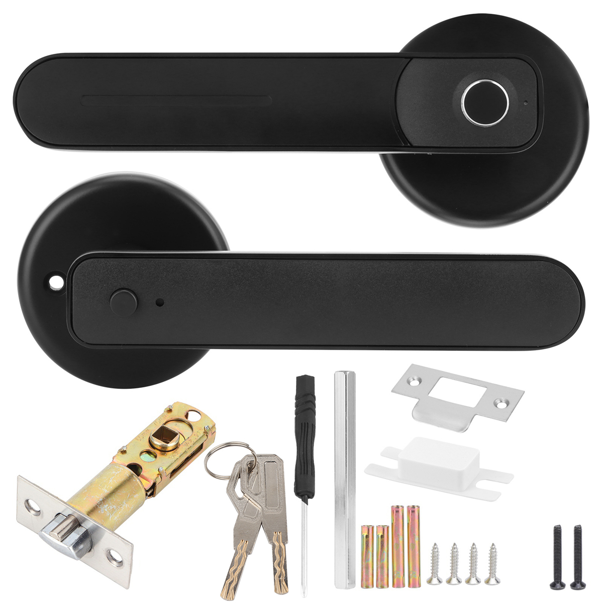 Schwarzer Türgriff mit Fingerabdruckscanner, zusammen mit einem Riegel, Schlüsseln und Installationswerkzeugen.