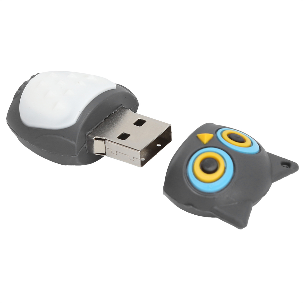 Eulen-USB-Stick: grauer Körper, weißer Kopf, schwarze Augen mit blau-gelben Details.