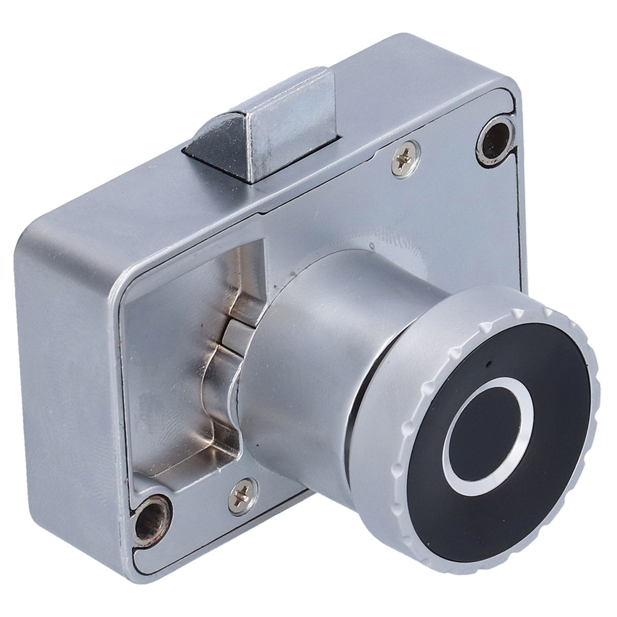 Silbernes Fingerabdruckschloss, schwarzer Sensor, mit Schrauben.