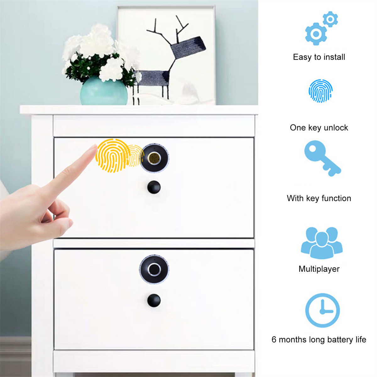 Weißer Schrank mit Fingerabdruckscanner. Symbole: einfache Installation, Entsperren, Schlüsselfunktion...