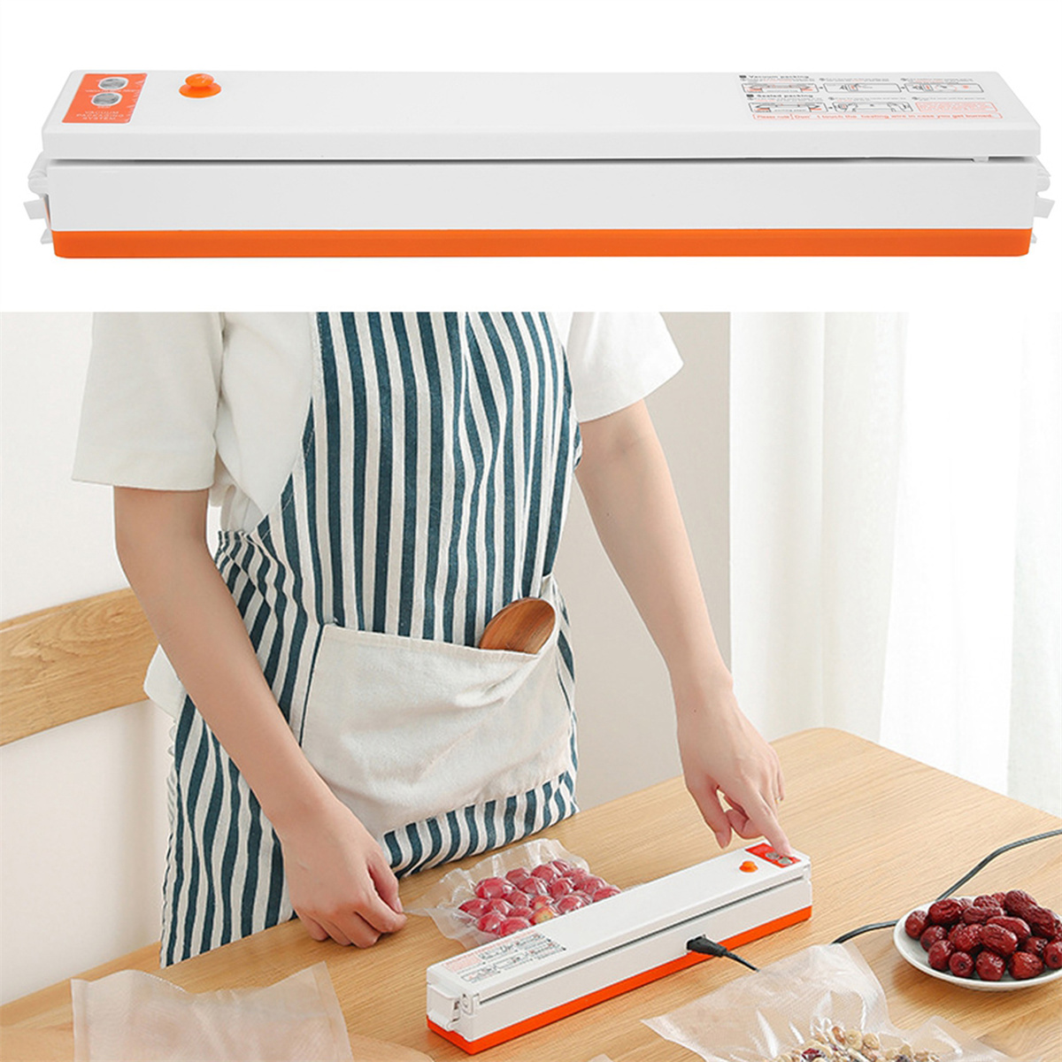 Weißes und oranges Vakuumiergerät. Eine Frau verschließt eine Tüte Essen auf einem Tisch.