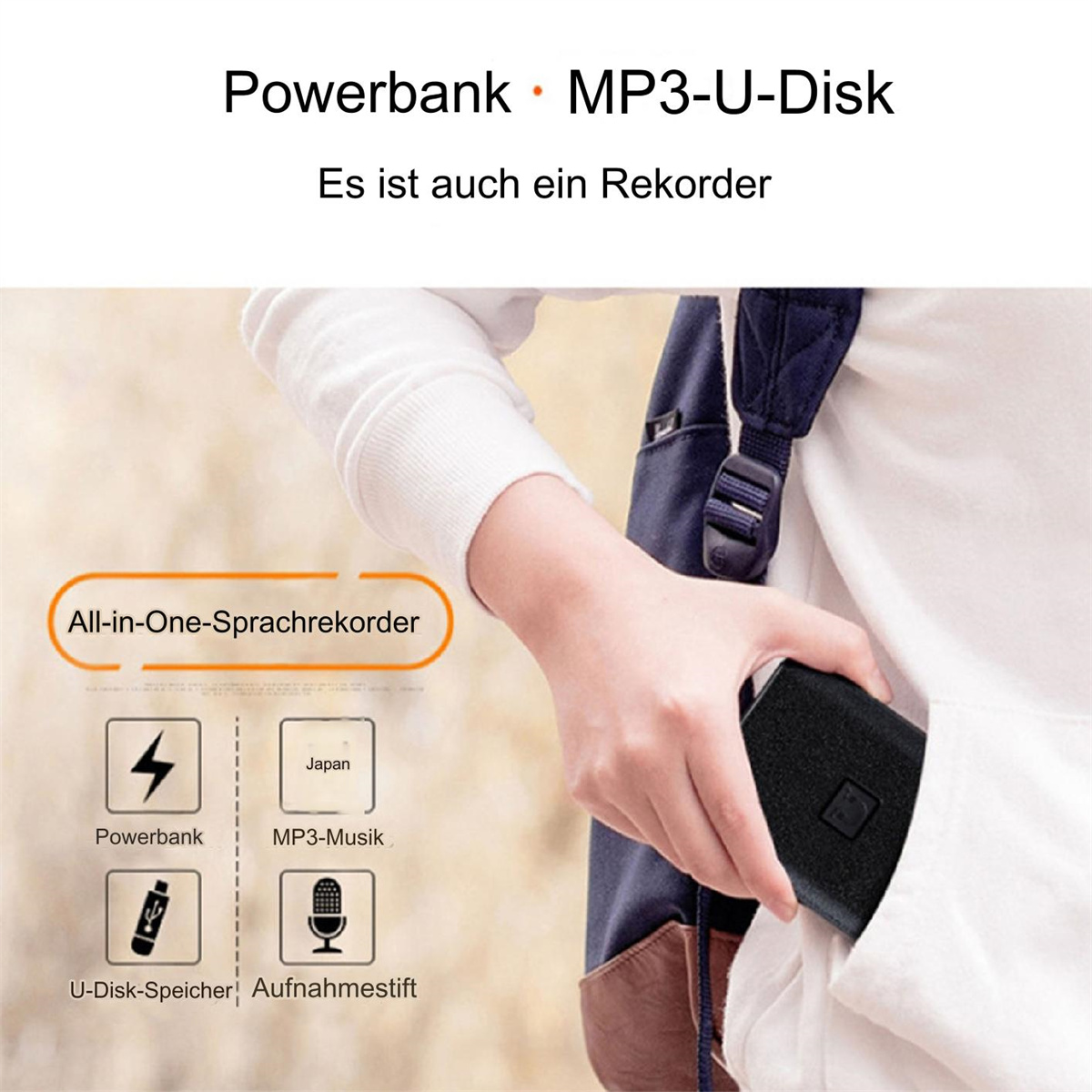 Eine Person hält ein kleines schwarzes Gerät mit Symbolen für Powerbank, Musik und Recorder.