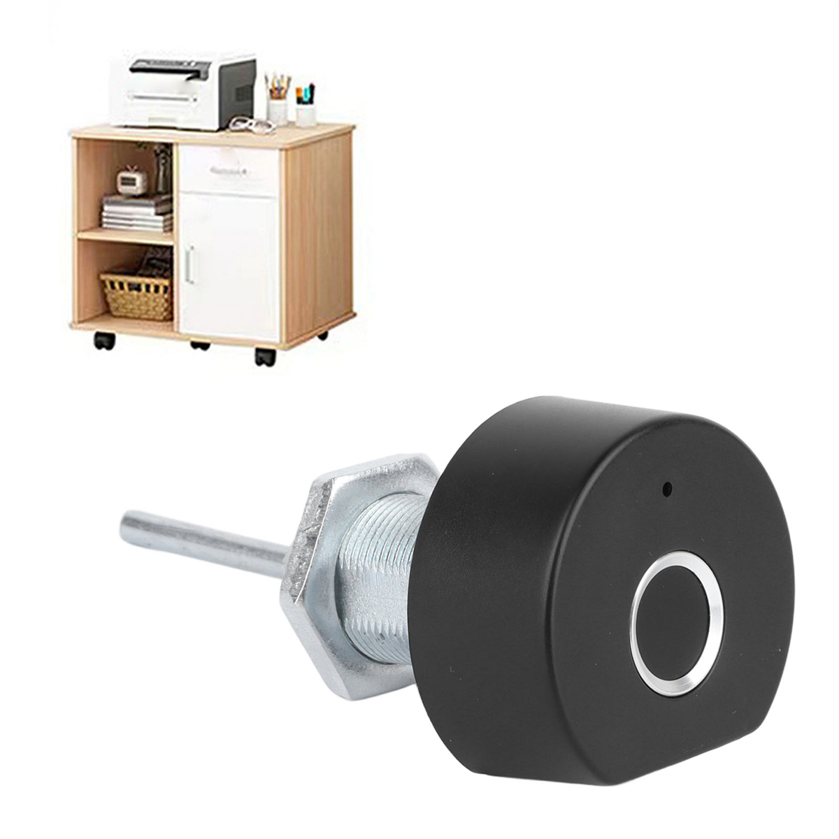 Fingerabdruckschloss an einem Schrank. Schrank mit Drucker und Zubehör im Hintergrund.