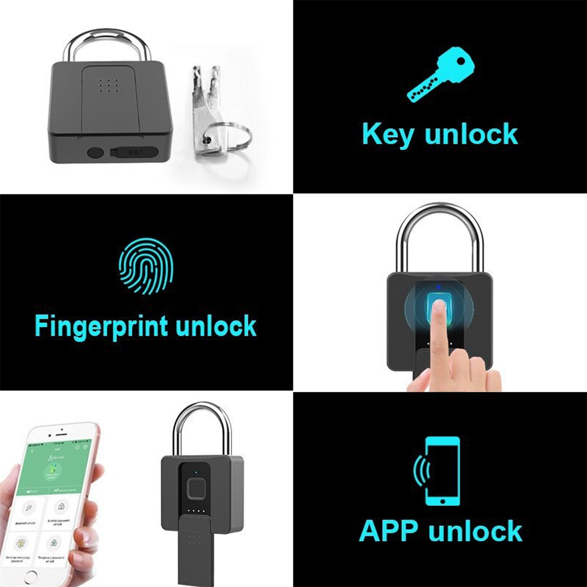 Bilder, die ein schwarzes Vorhängeschloss mit verschiedenen Entsperrmethoden zeigen: Schlüssel, Fingerabdruck und App.