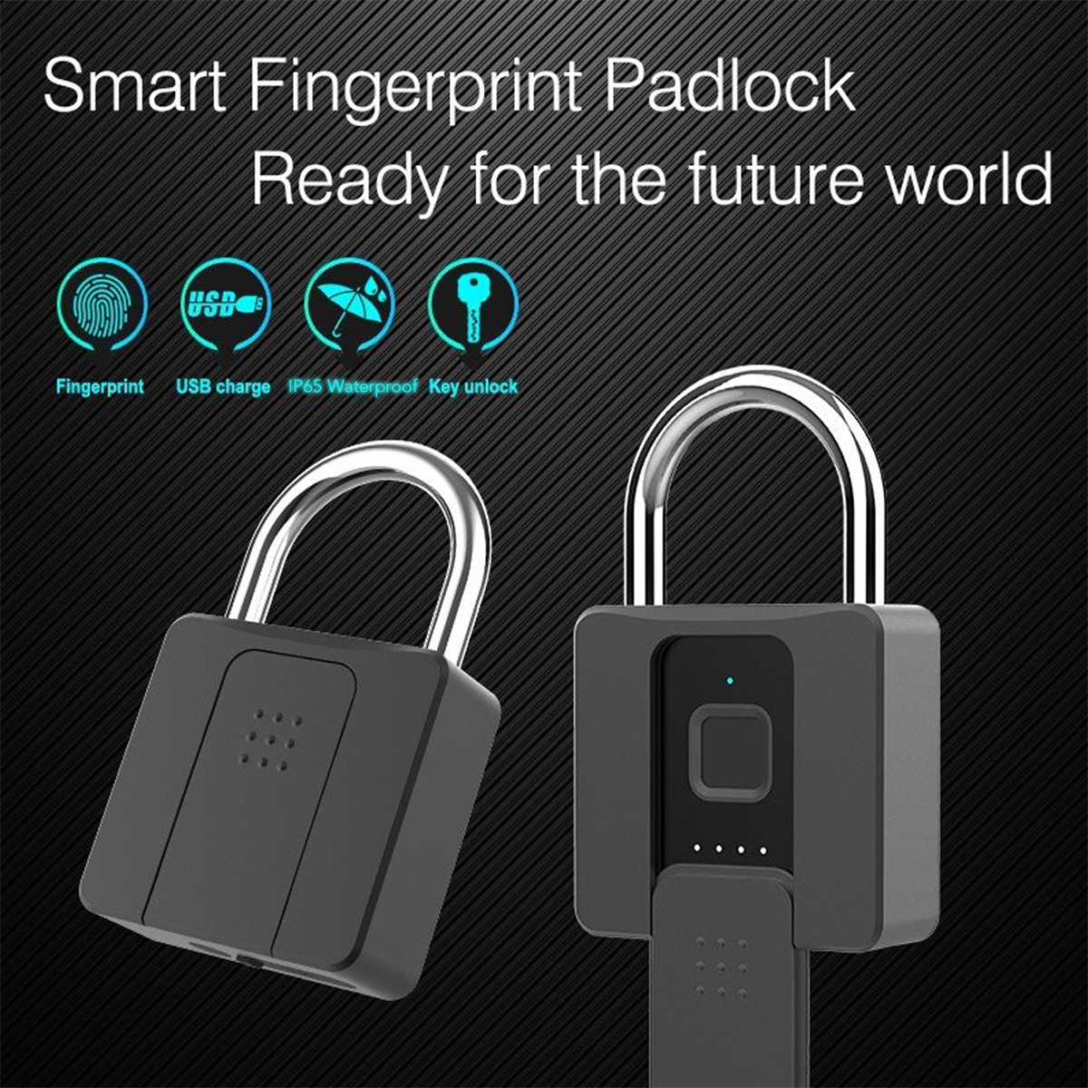 Zwei schwarze, intelligente Fingerabdruck-Vorhängeschlösser. Sie haben ein schlankes Design und sind auf schwarzem Grund.