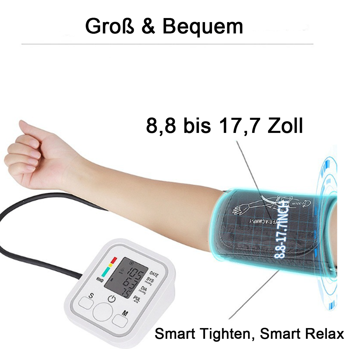 Arm mit Blutdruckmessgerät, weißem Display und schwarzer Manschette. Text beschreibt das Gerät.