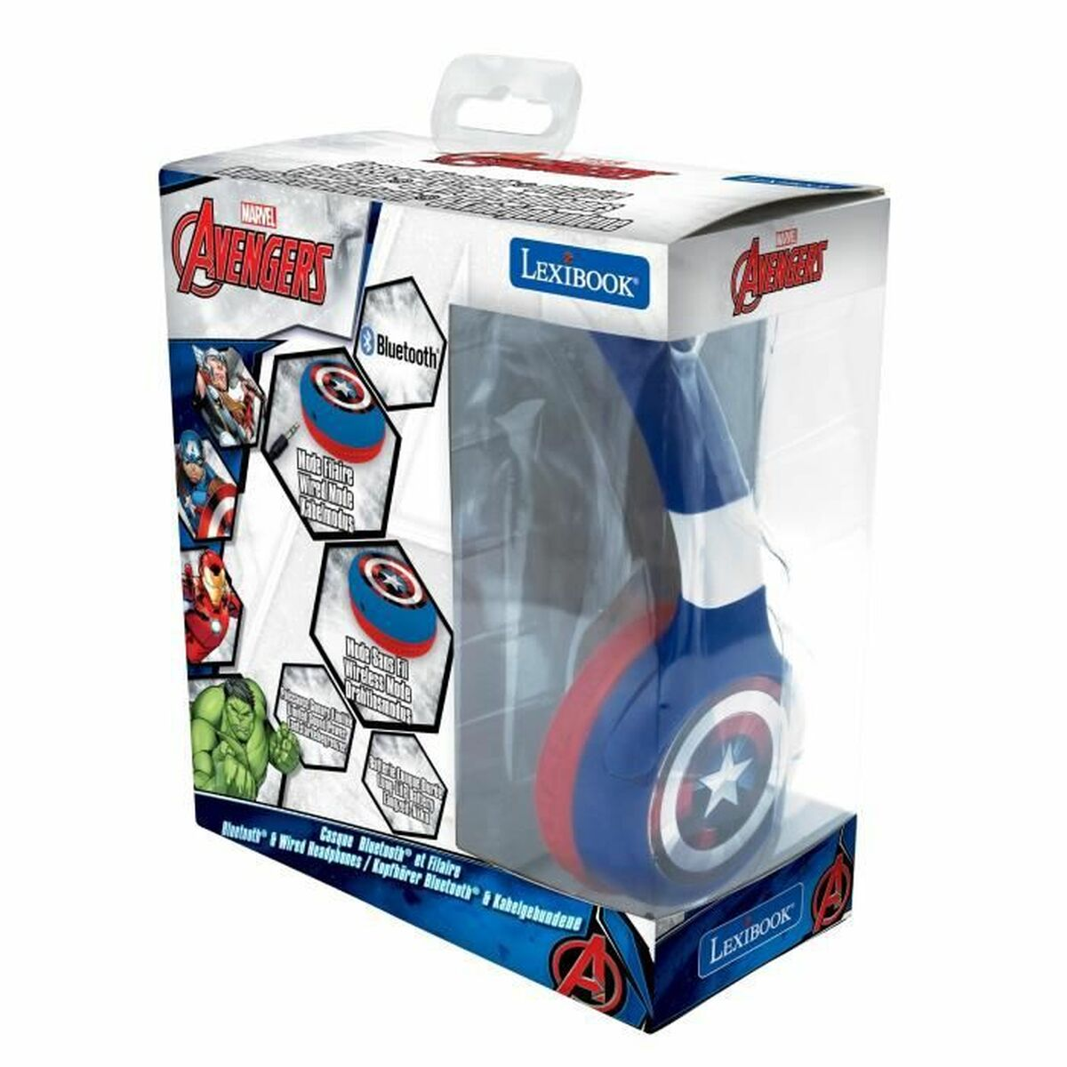 Cuffie a tema Marvel Avengers in una scatola. Le cuffie sono blu e rosse.