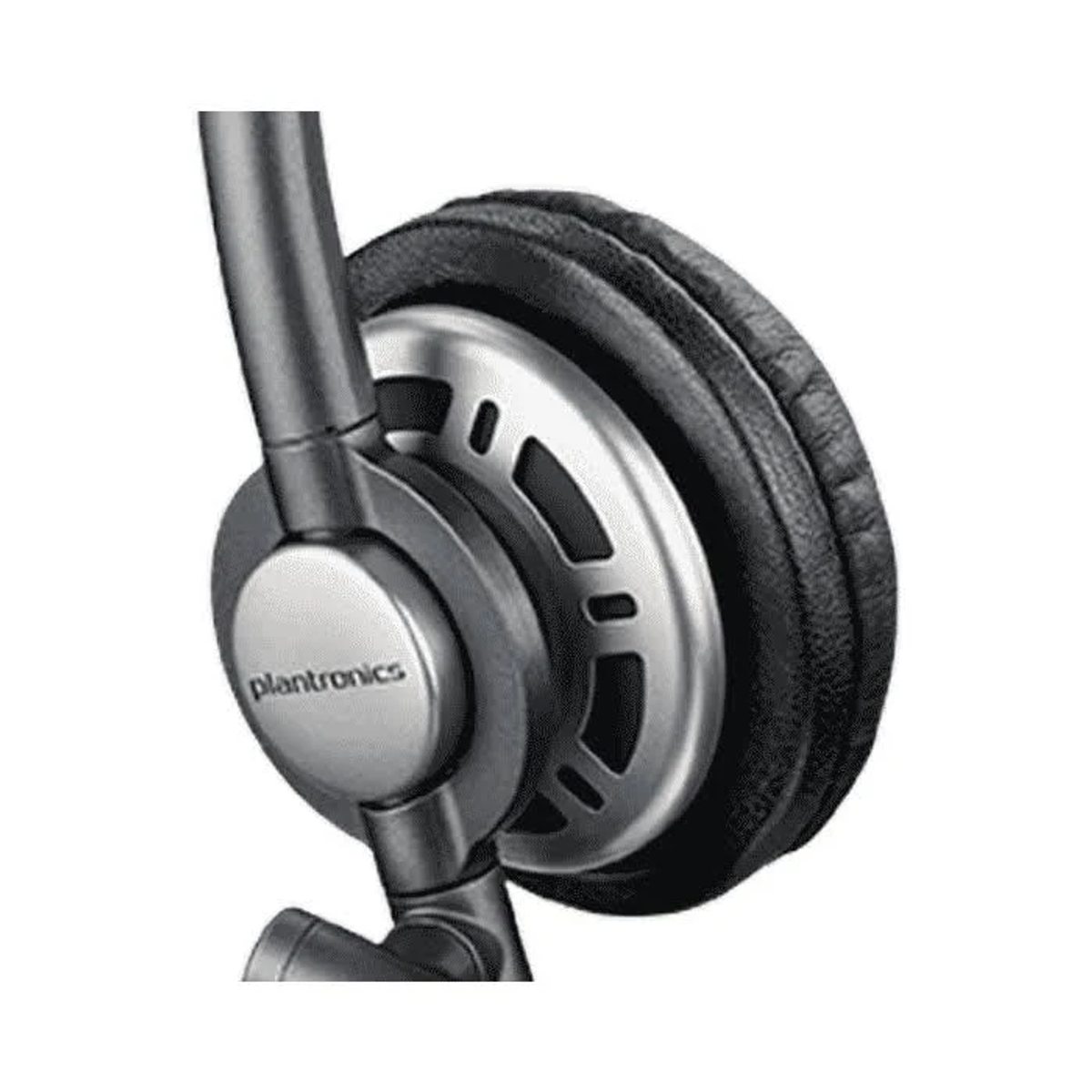 Szary zestaw słuchawkowy z dużą słuchawką i logo Plantronics.