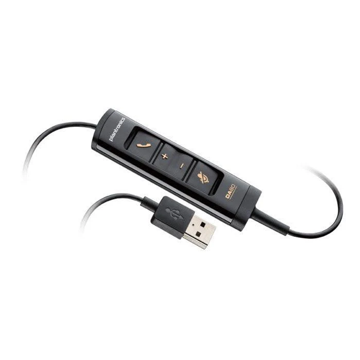 Czarny adapter USB Plantronics DA80. Posiada regulację głośności, przyciski odbierania/kończenia i przycisk wyciszania.
