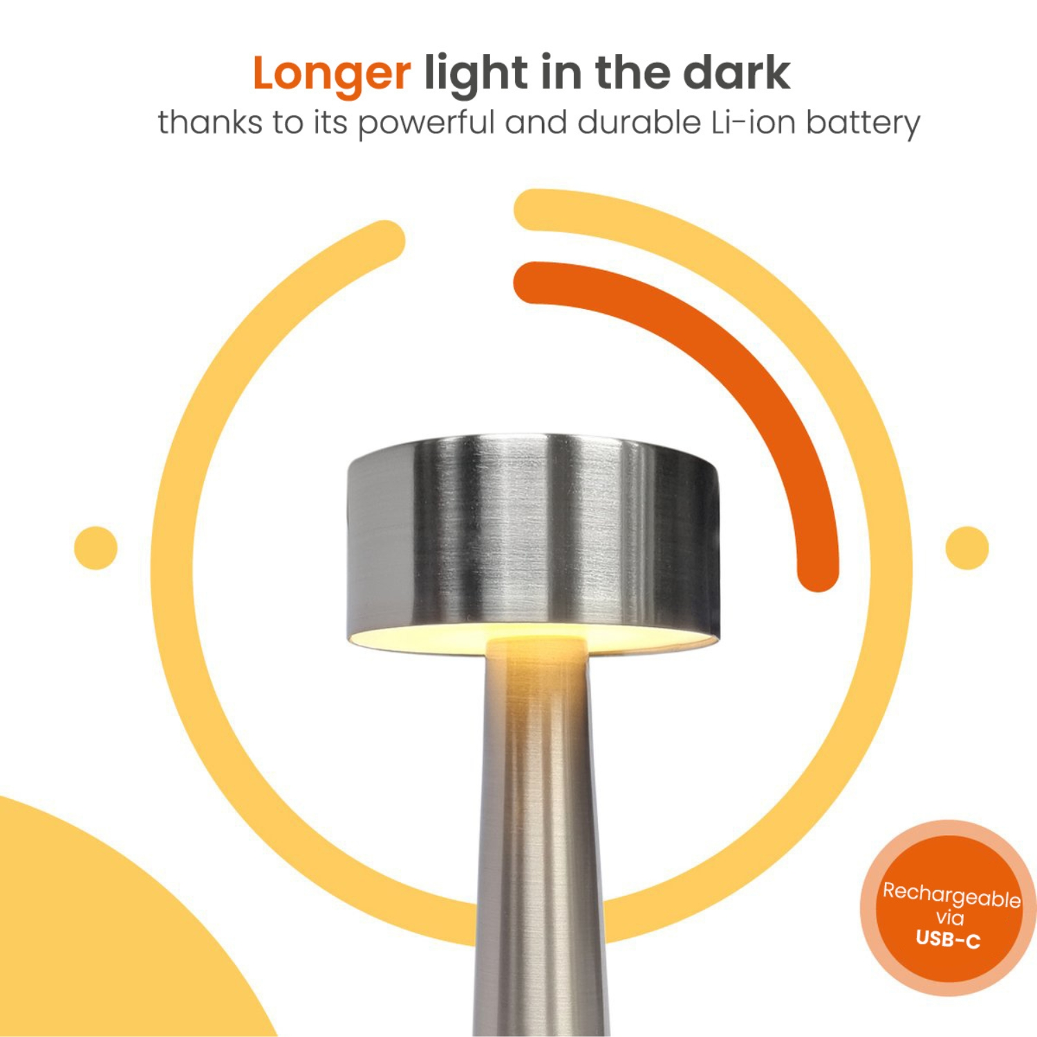 A silver lamp is lit with an orange and yellow glow. A yellow and orange circular graphic surrounds it.