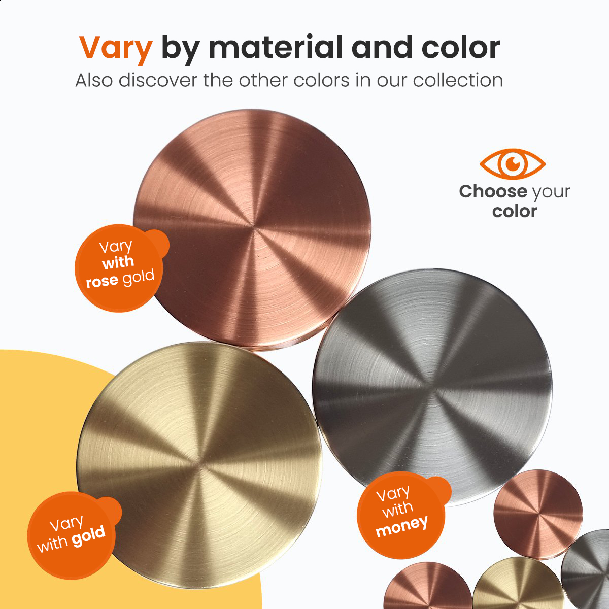 Three circular metal lids in rose gold, gold, and silver, with text about color variations.