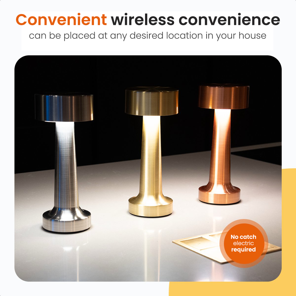 Three wireless lamps. Silver, gold, and copper colors. They have a warm light.