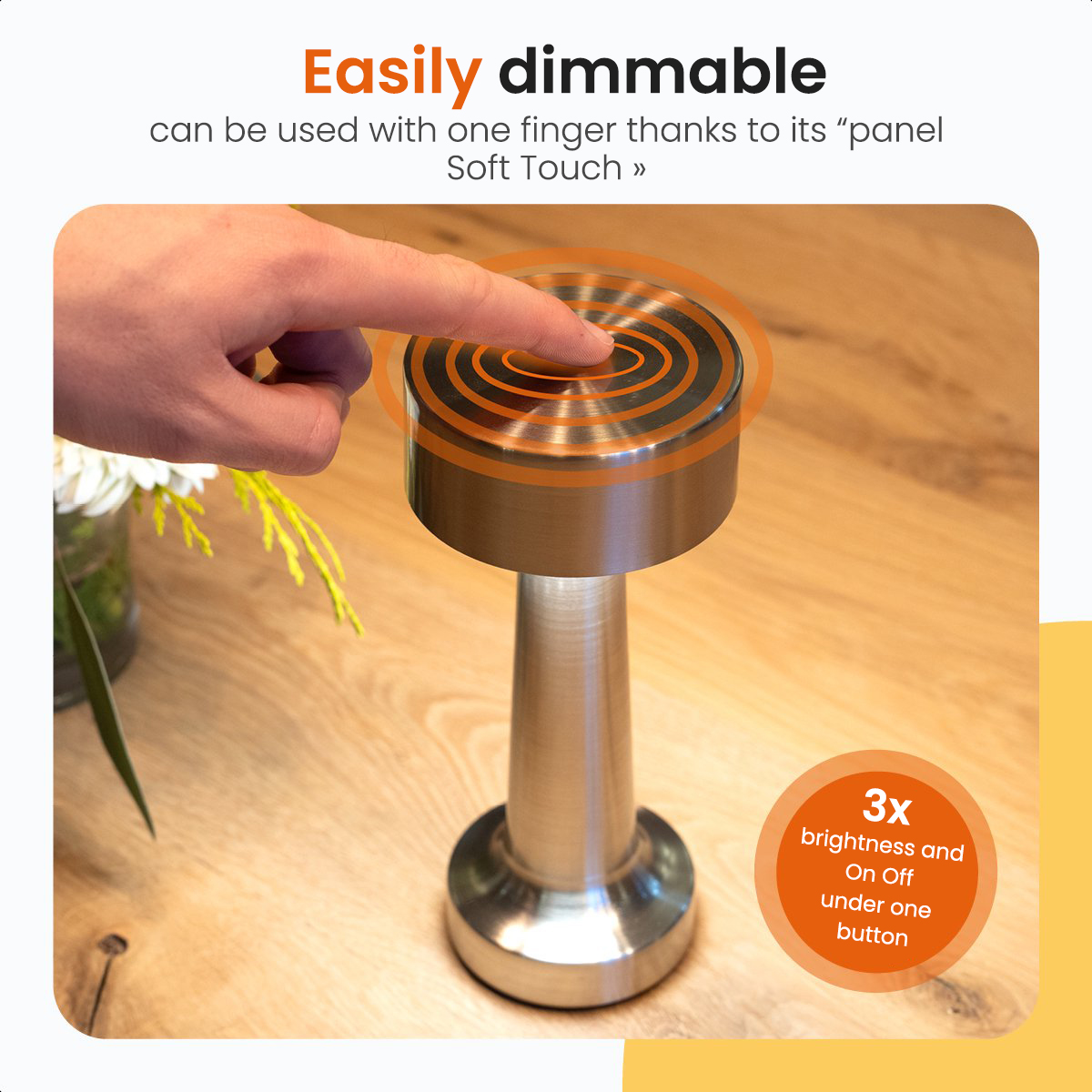 A silver lamp with a touch panel, an orange circle highlights the touch area.