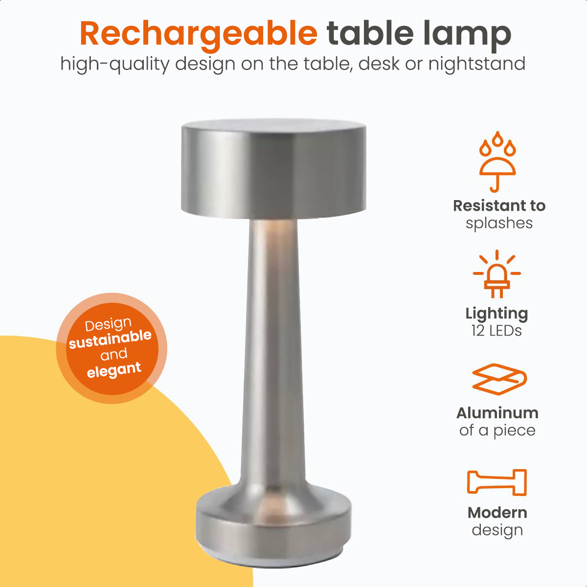 A silver cylindrical rechargeable table lamp with icons and text about its features.