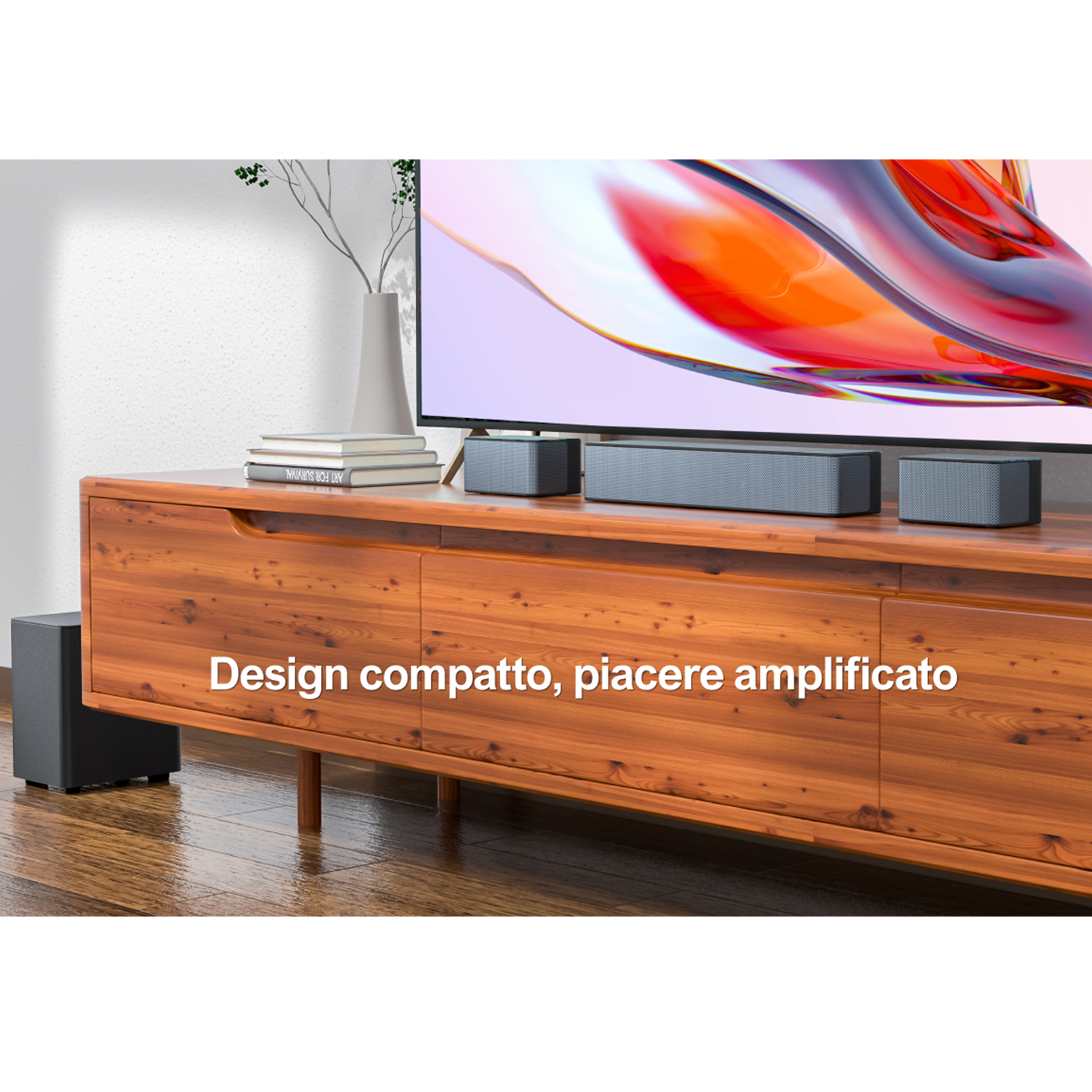 Un soggiorno con una TV su un mobile in legno e altoparlanti, con testo sovrapposto.