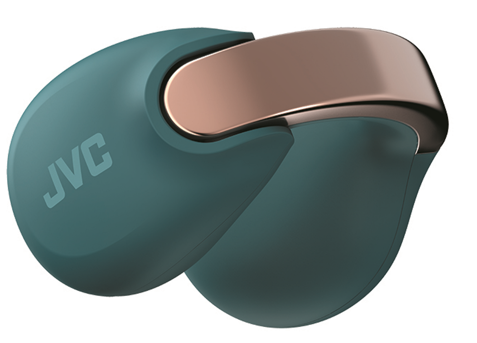 Turkusowe i brązowe słuchawki. Logo JVC znajduje się po turkusowej stronie. Kształt jest elegancki.