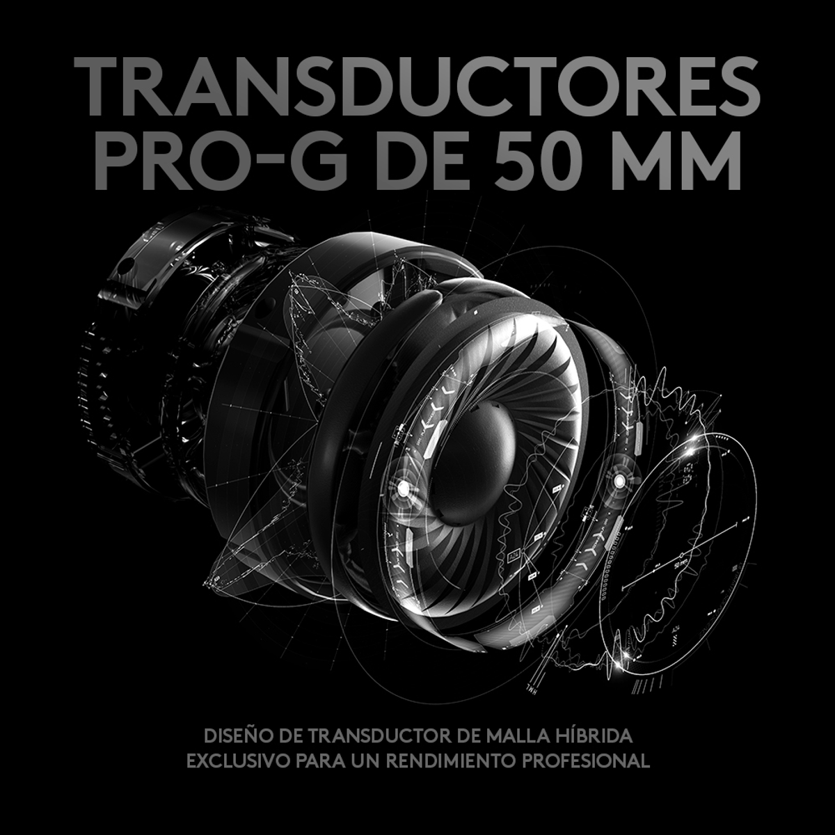 Elementy słuchawek na czarnym tle. Tekst: 'PRO-G 50MM TRANSDUCERS' i 'Hybrid mesh'.