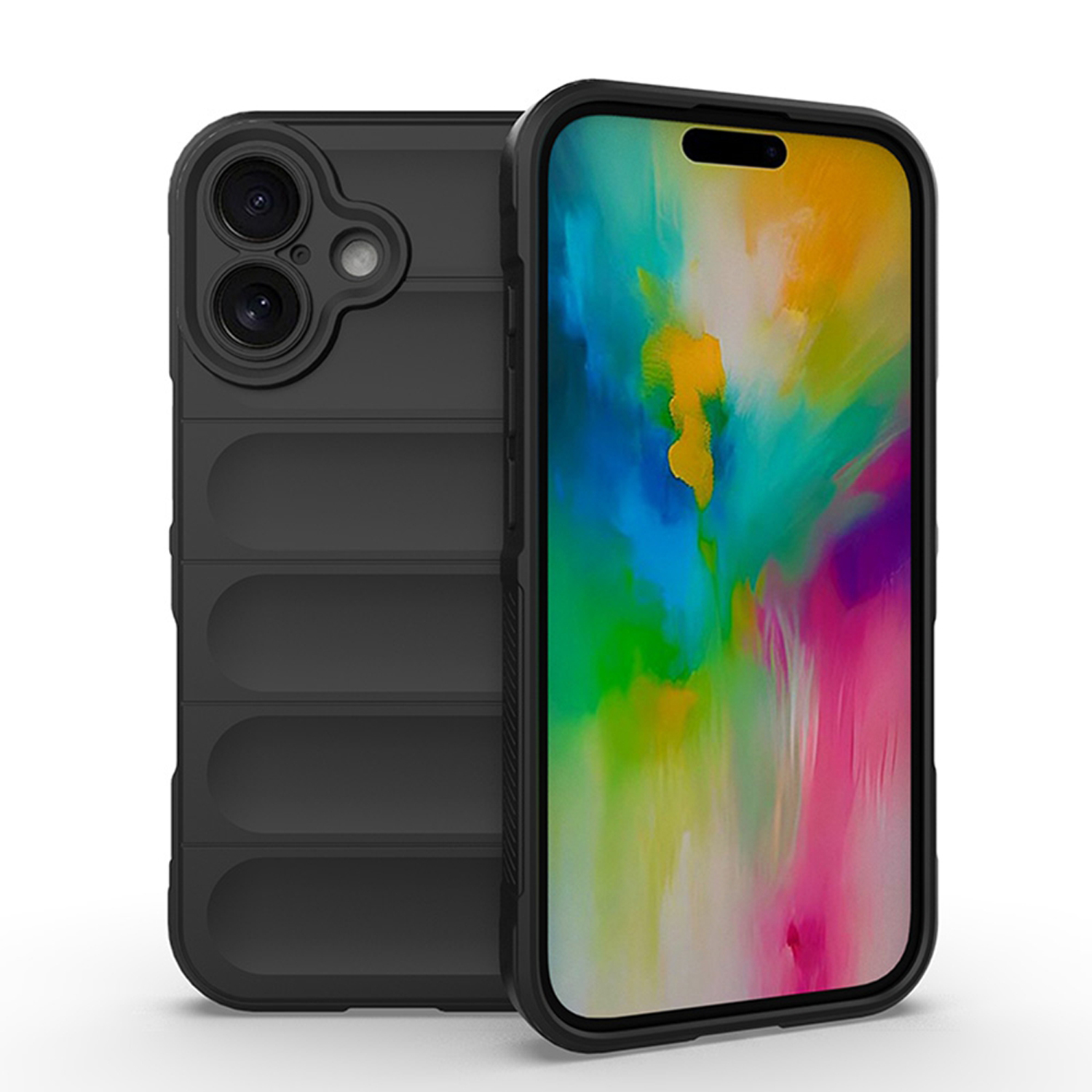 Zwarte telefoonhoes met twee telefoons. Rechter telefoon heeft een kleurenscherm.