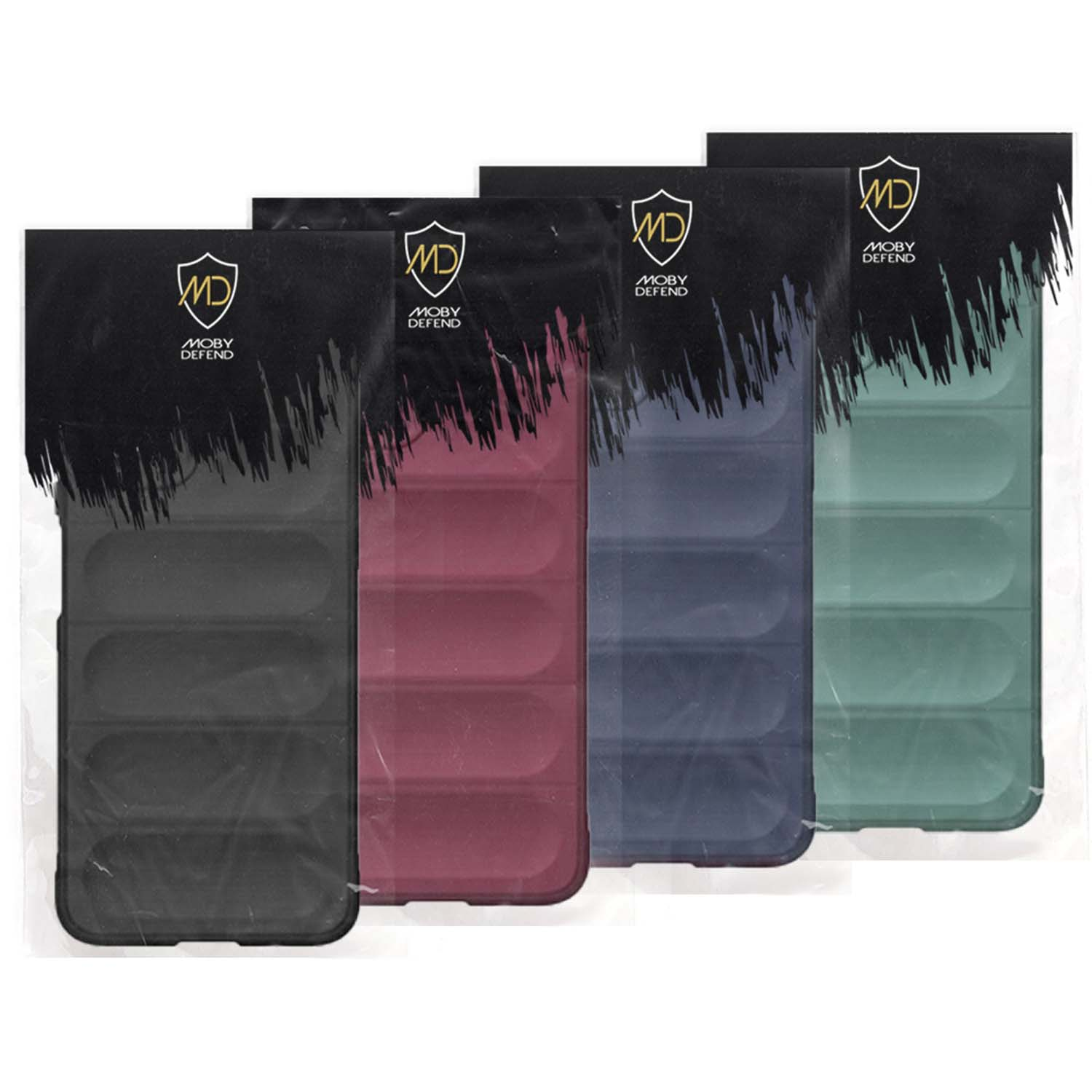 Vier telefoonhoesjes in plastic verpakking. Elke hoes heeft een andere kleur: zwart, rood, blauw en groen.