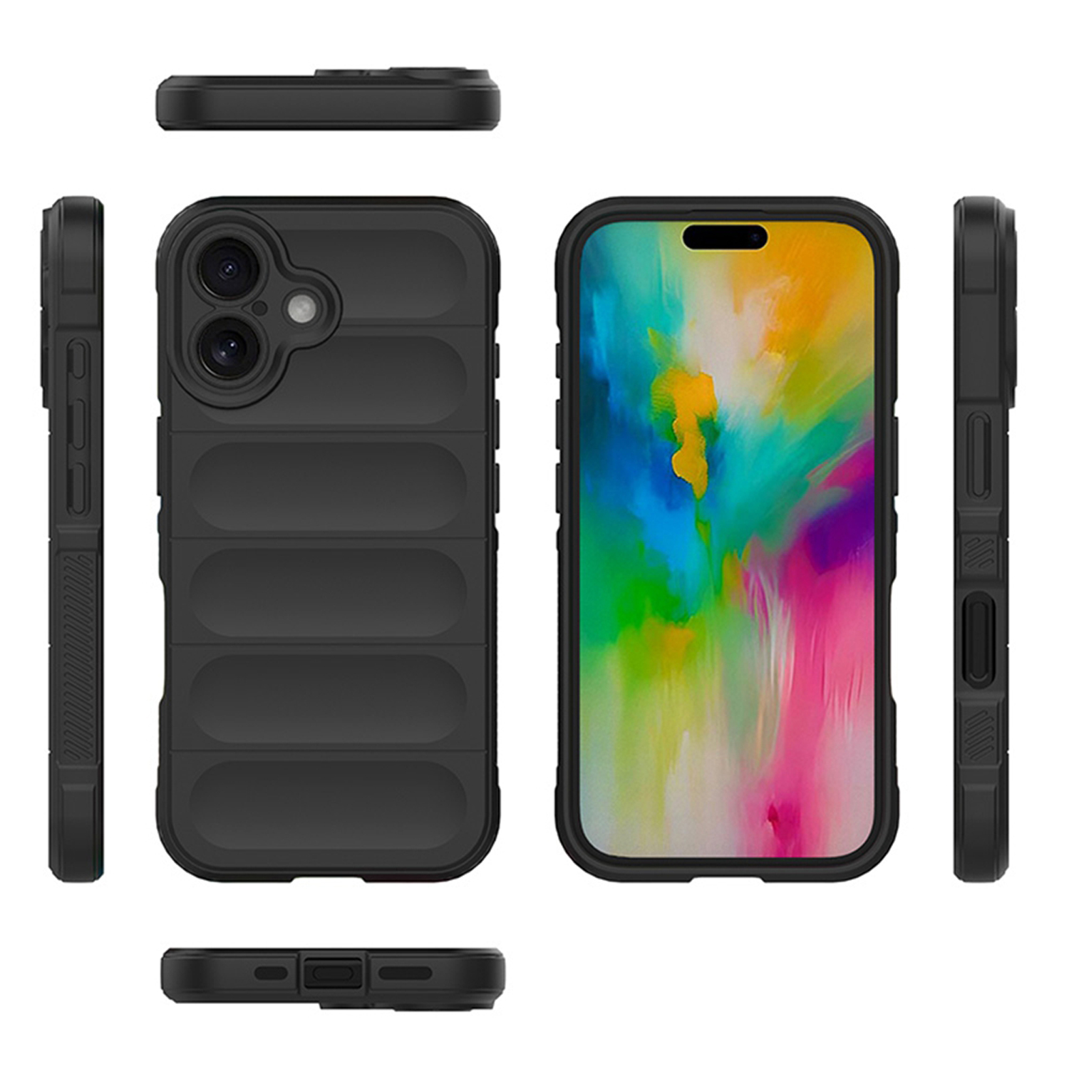 Coque de téléphone noire. Téléphone à droite avec écran coloré. Plusieurs vues de l'étui.