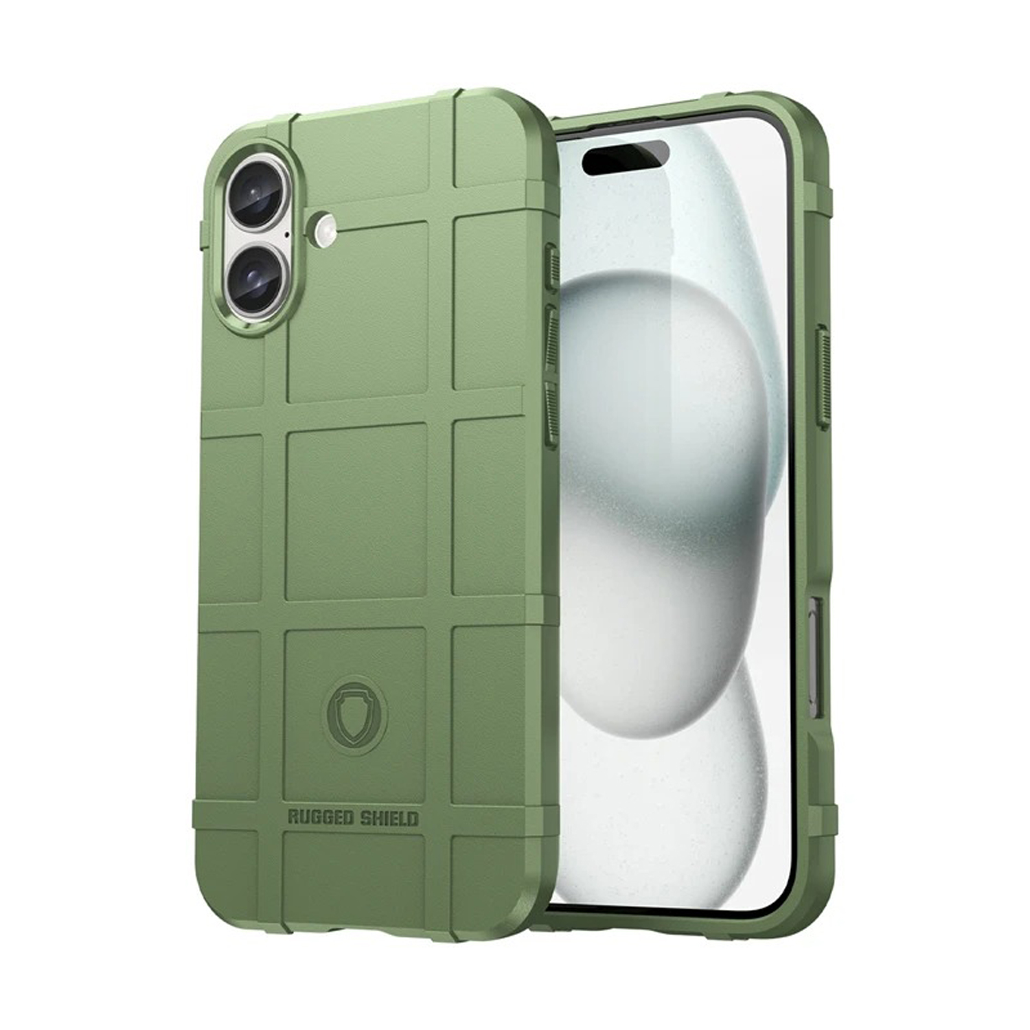 Groene telefoonhoes met rasterpatroon. Telefoon zit in de hoes. Witte achtergrond.