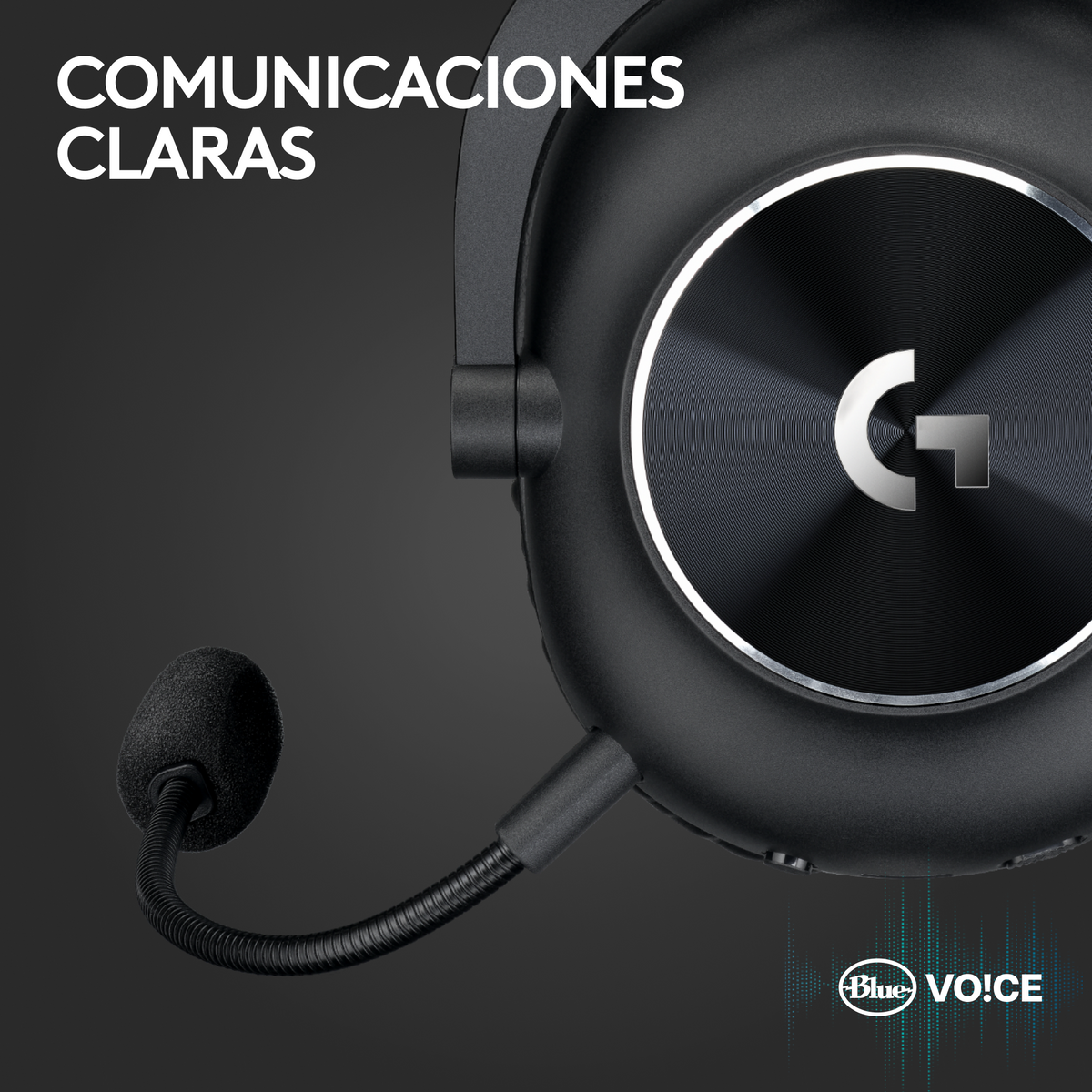 Czarny zestaw słuchawkowy z mikrofonem. Tekst "COMUNICACIONES CLARAS" znajduje się nad produktem.