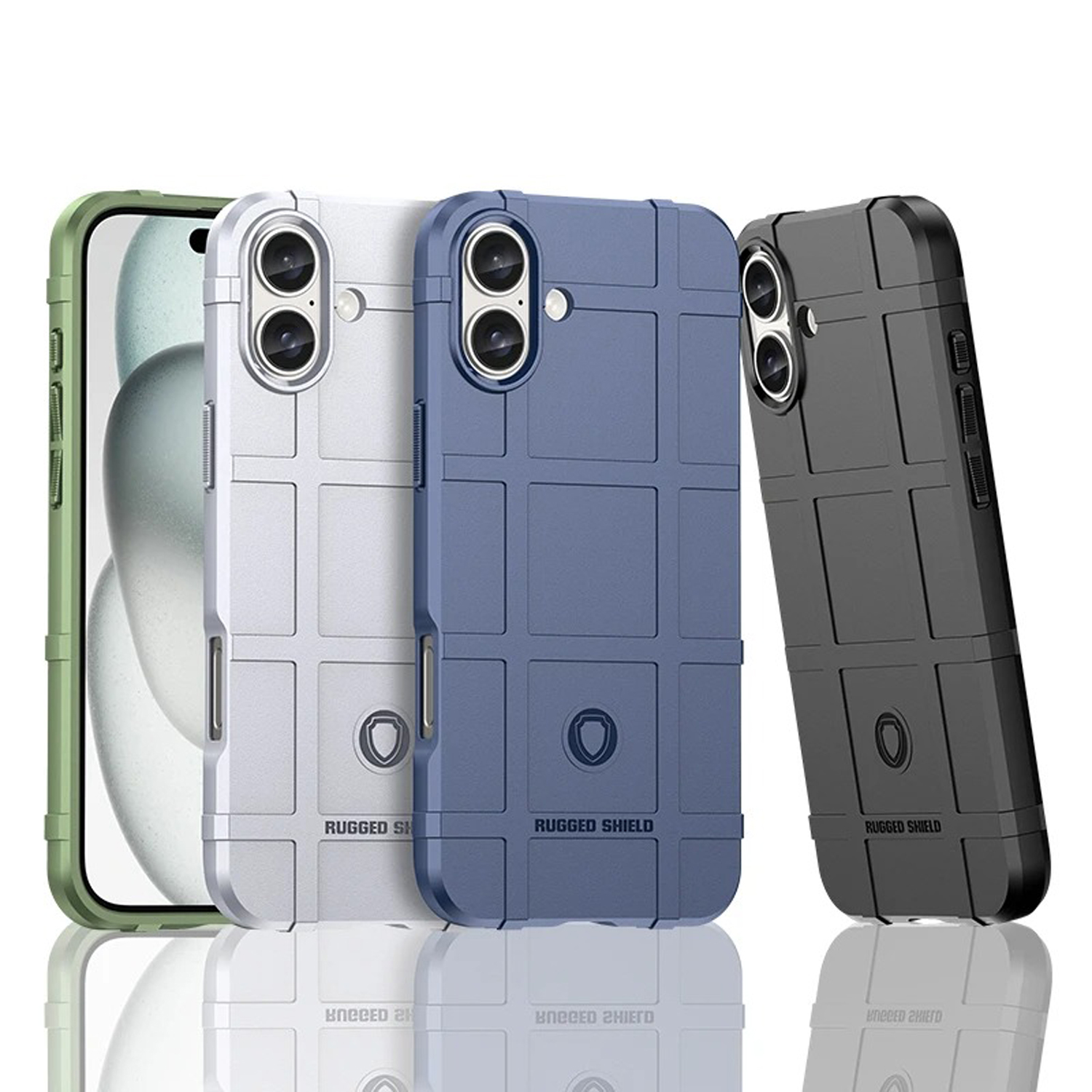 Drie telefoonhoesjes in groen, zilver, blauw en zwart. Ze hebben een robuust ontwerp en het Rugged Shield logo.