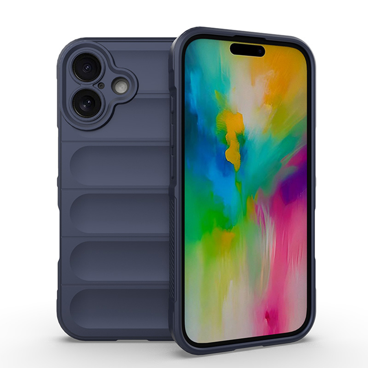 Blauwe telefoonhoes met een telefoon. De telefoon heeft een kleurrijke achtergrond.