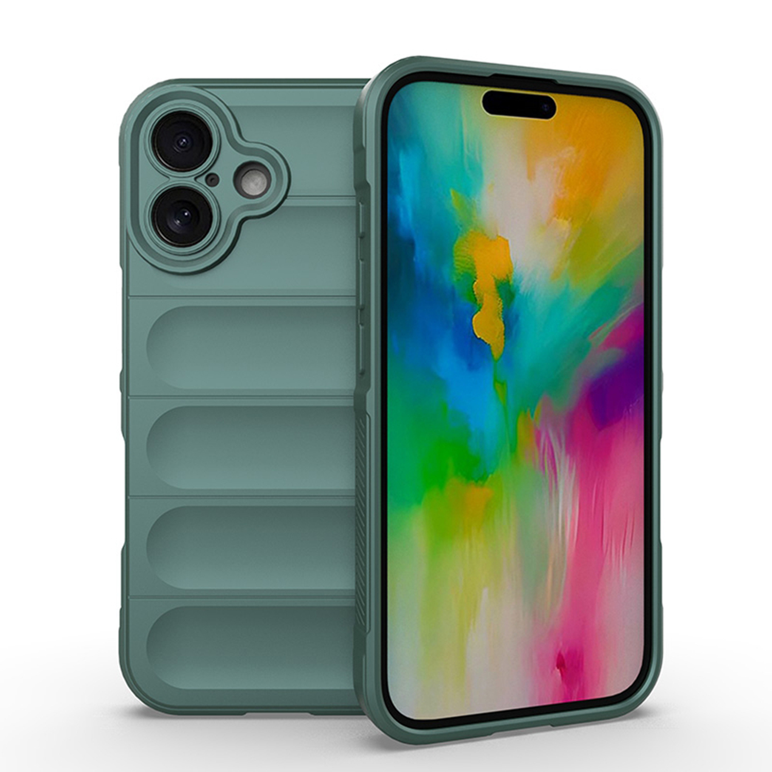 Coque de téléphone verte avec dos texturé et découpes pour caméra, téléphone visible.