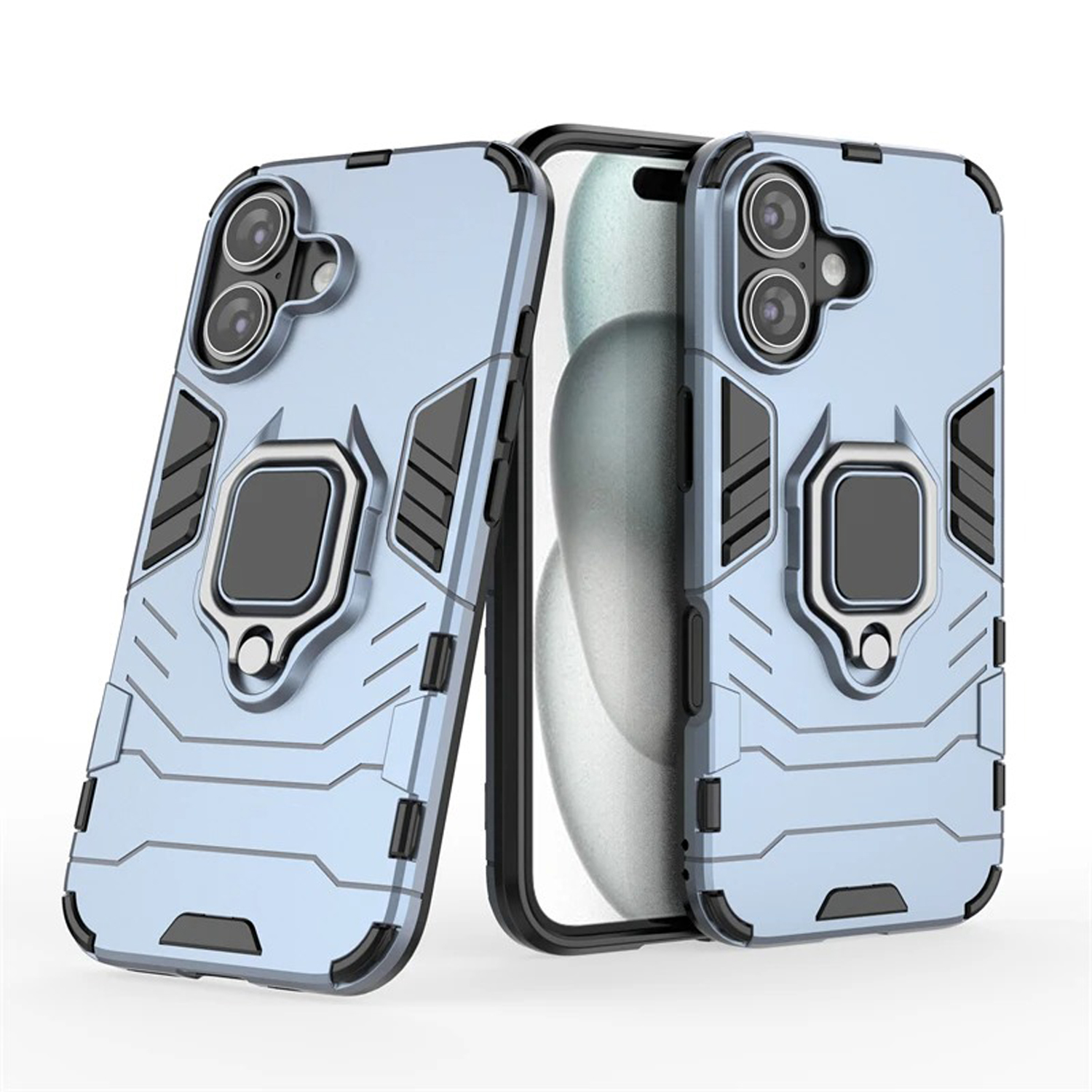 Twee lichtblauwe telefoonhoesjes met een ringhouder. Zwarte accenten en een gestructureerd ontwerp zijn zichtbaar.