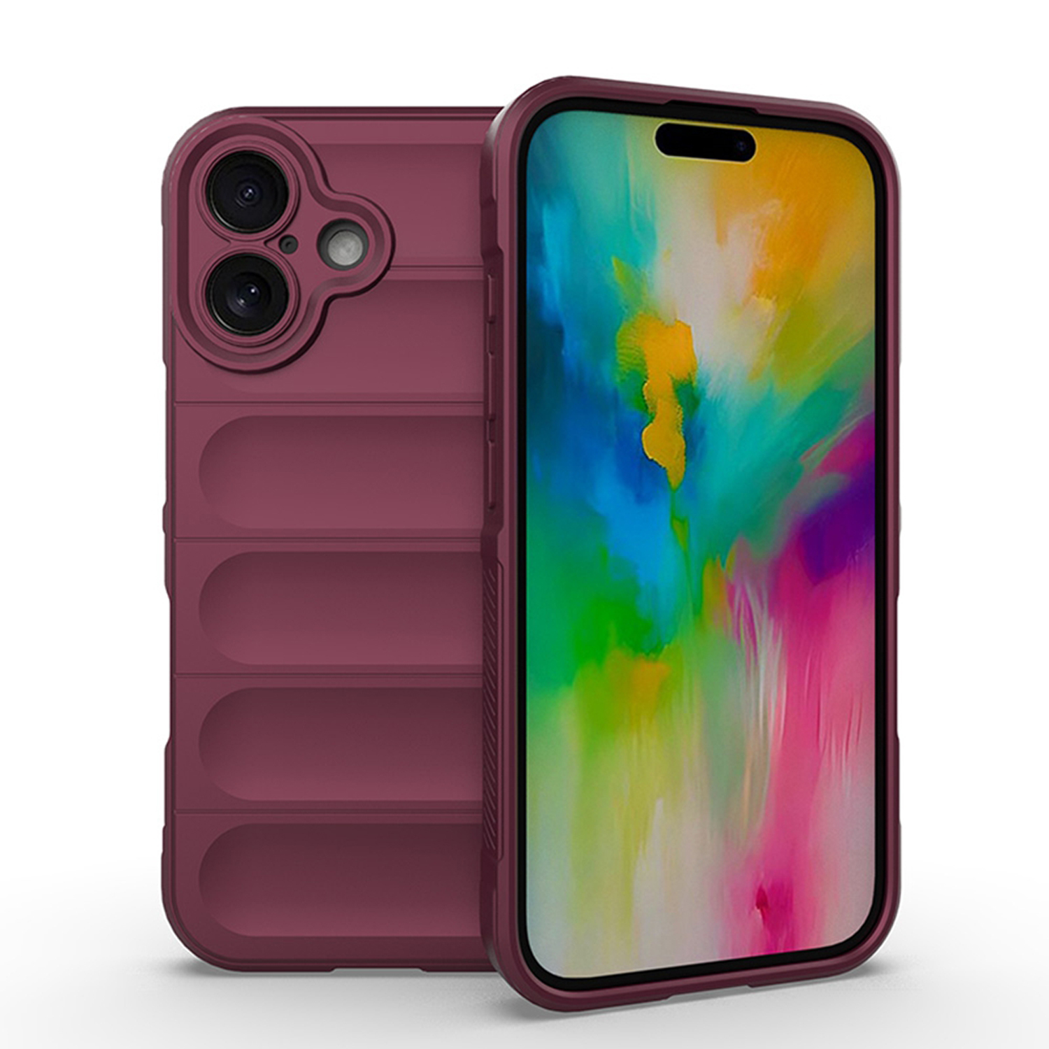 Bourgondische telefoonhoes met een telefoon. De telefoon heeft een kleurrijke achtergrond.