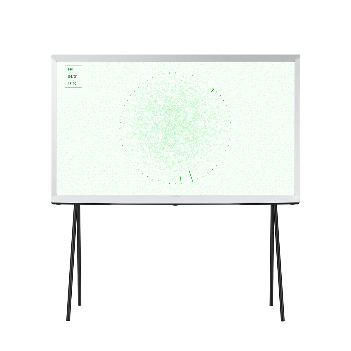Biały telewizor na stojaku, wyświetlający zielony abstrakcyjny wzór.