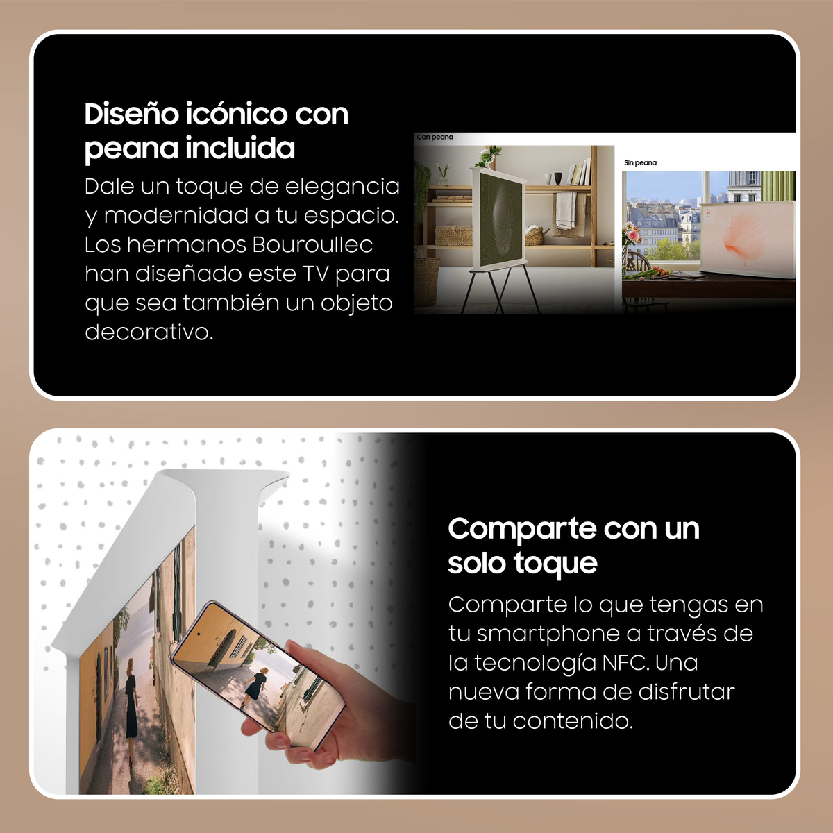 Dwa obrazy z tekstem. Pierwszy mówi: kultowy design. Drugi mówi: udostępnij jednym dotknięciem.