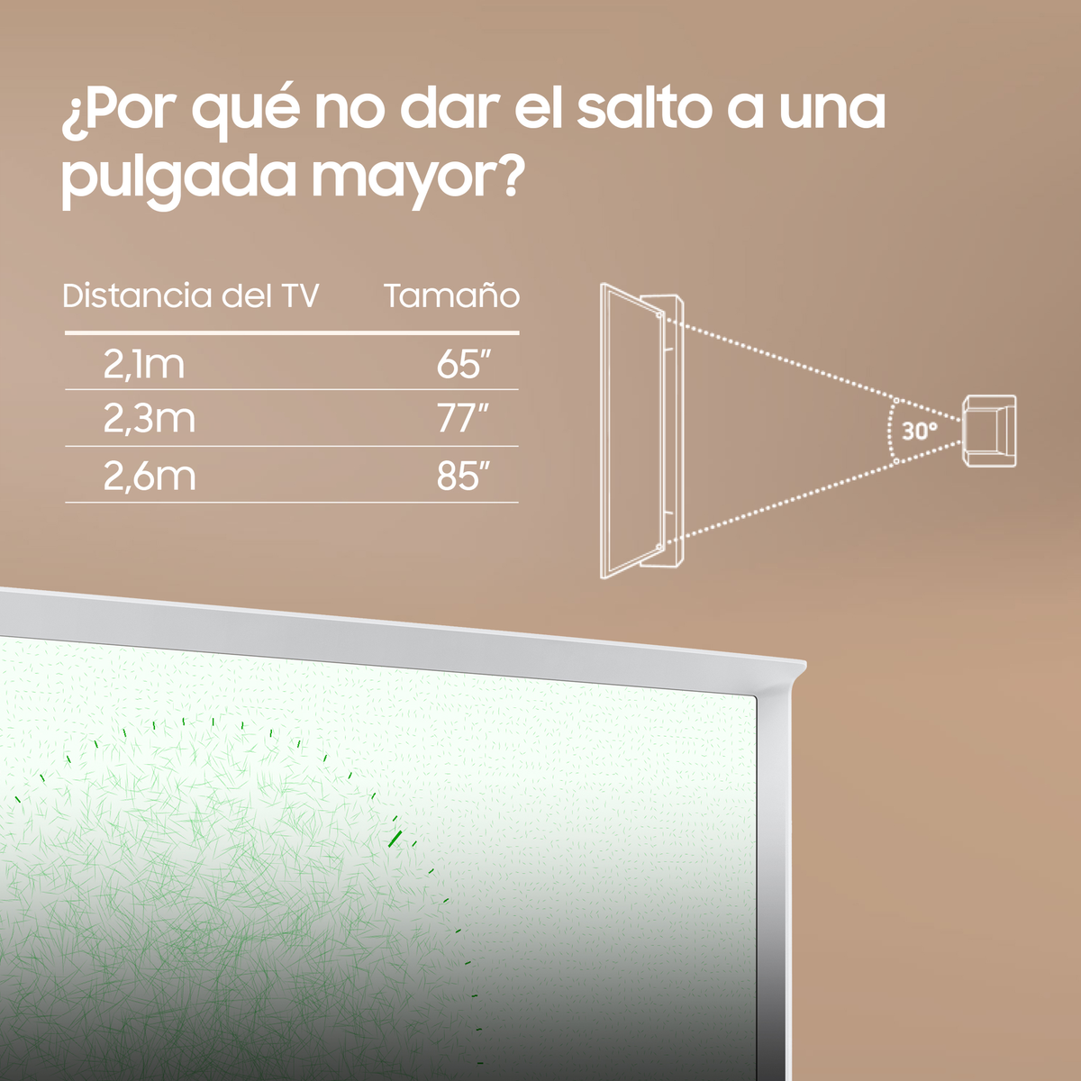 Diagram przedstawiający telewizor i odległości dla różnych rozmiarów ekranu. Tekst po hiszpańsku. Telewizor jest biały.