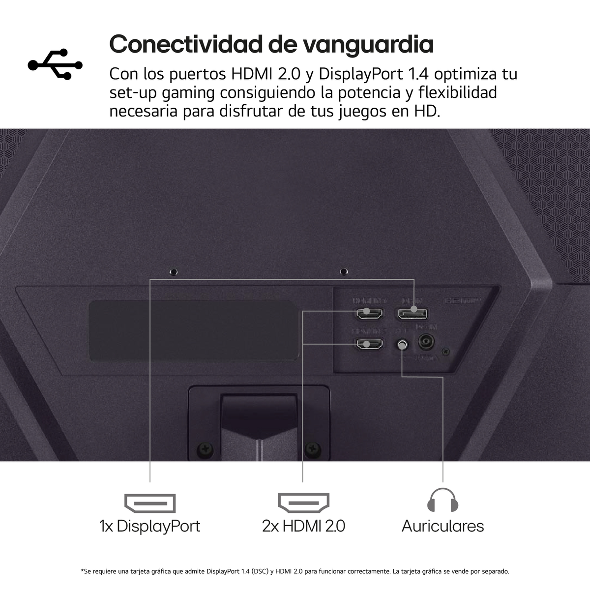 Czarne porty komputera: DisplayPort, HDMI i słuchawki, z tekstem w języku hiszpańskim.