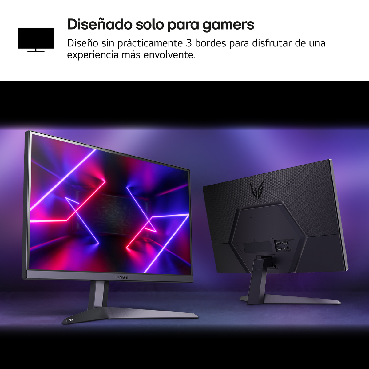 Dwa czarne monitory komputerowe. Jeden pokazuje neonowe światła, drugi tył. Oba są na stojakach.