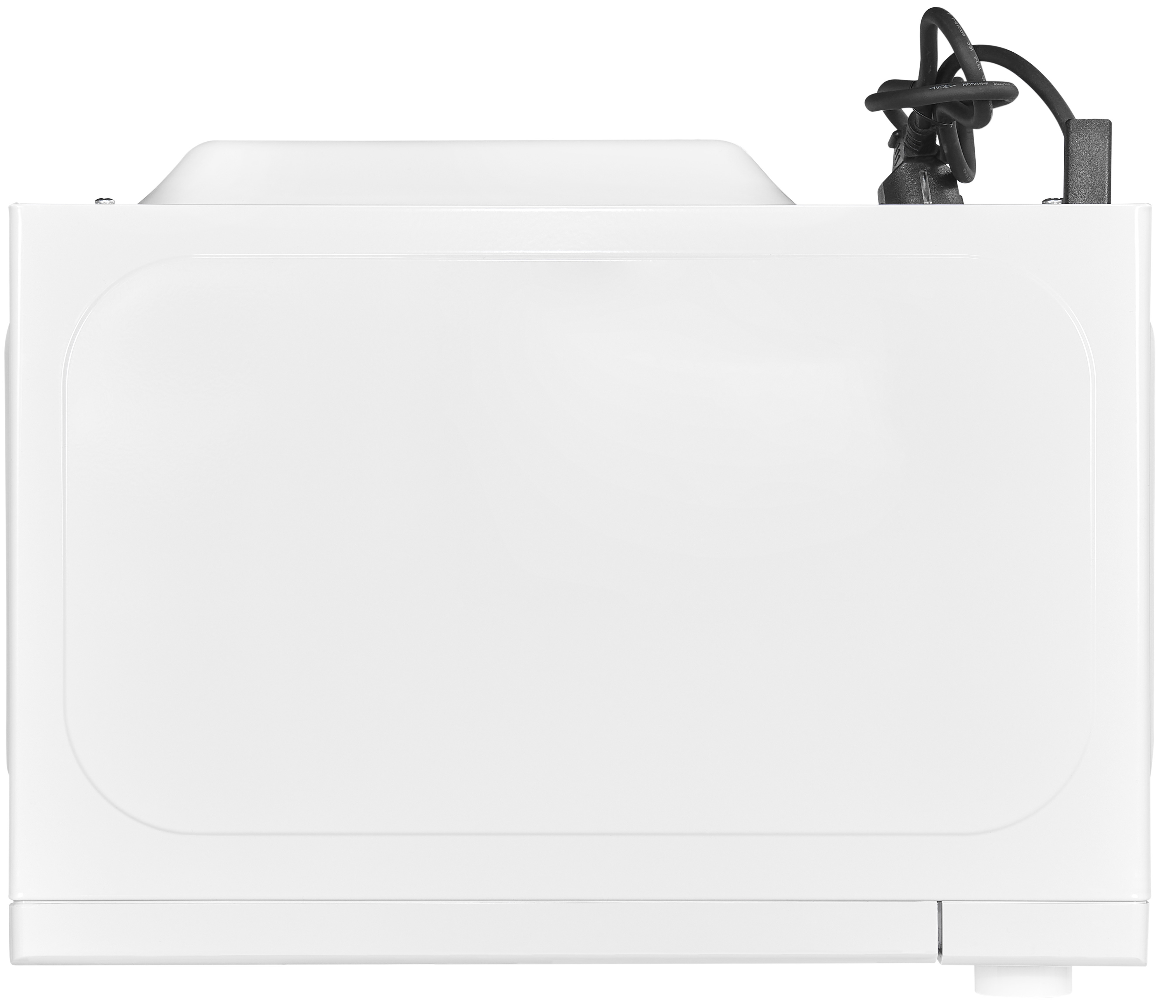 La parte superior de una lavadora blanca, con un cable de alimentación y un pequeño panel de acceso.