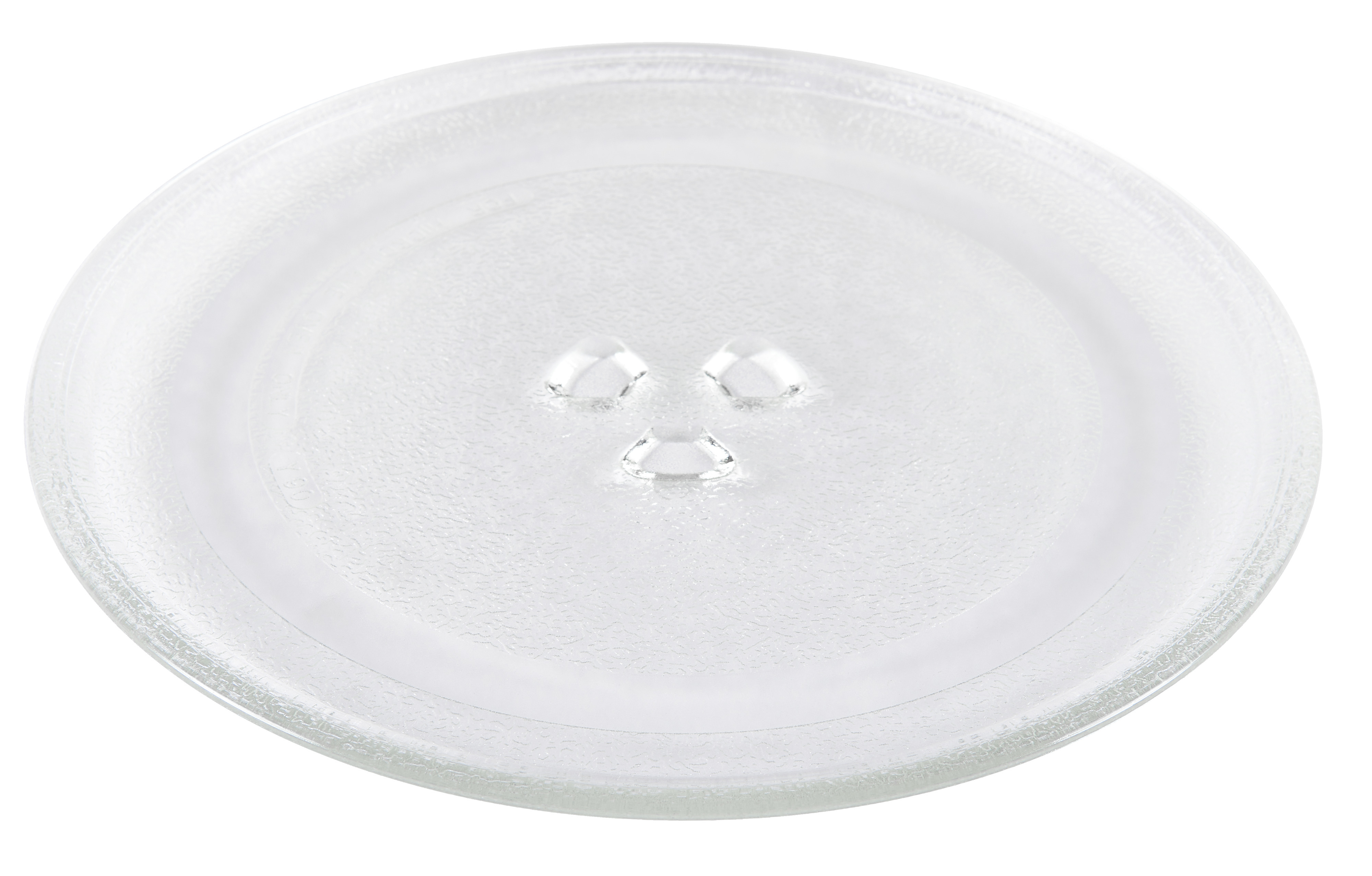 Plato de vidrio redondo y transparente para microondas. Tres protuberancias en el centro.